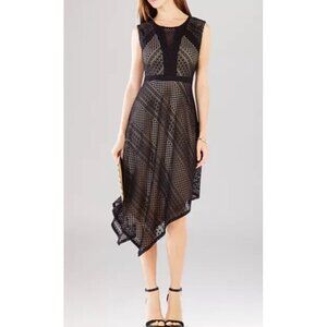 BCBG MaxAzria Tracie Asymmetric Black Lace Overlay Tan Dress Sz M Whimsygoth